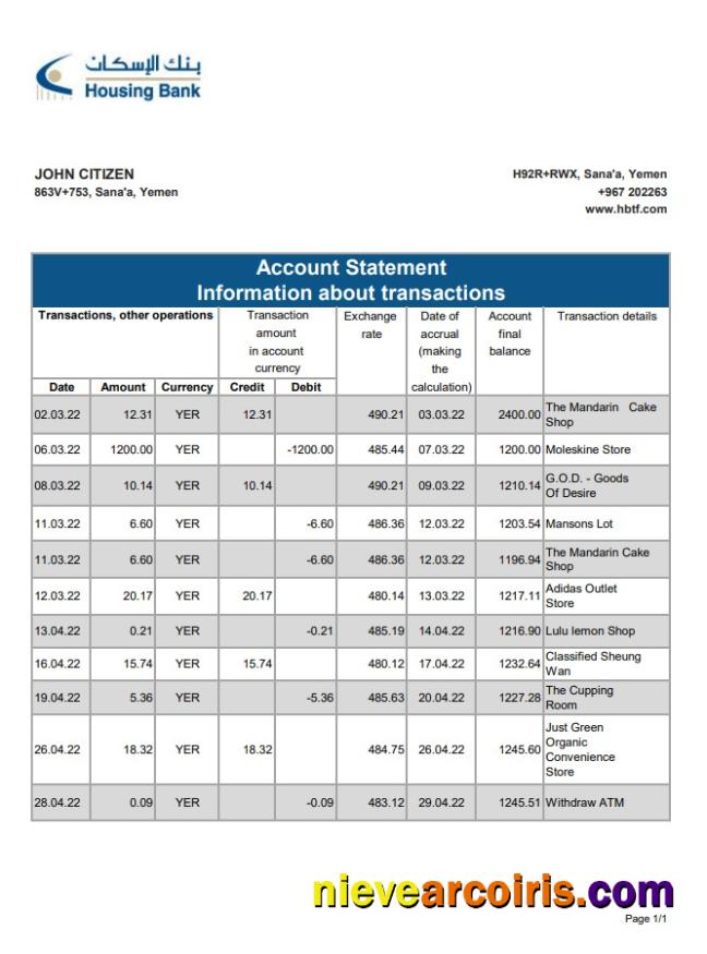 Yemen Housing Bank statement